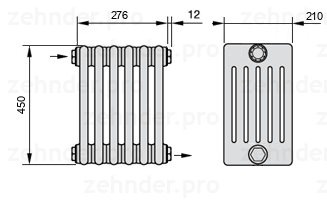 Схема (чертеж) Радиатор Zehnder Charleston 6045/6 №1670 Белый глянцевый RAL 9016